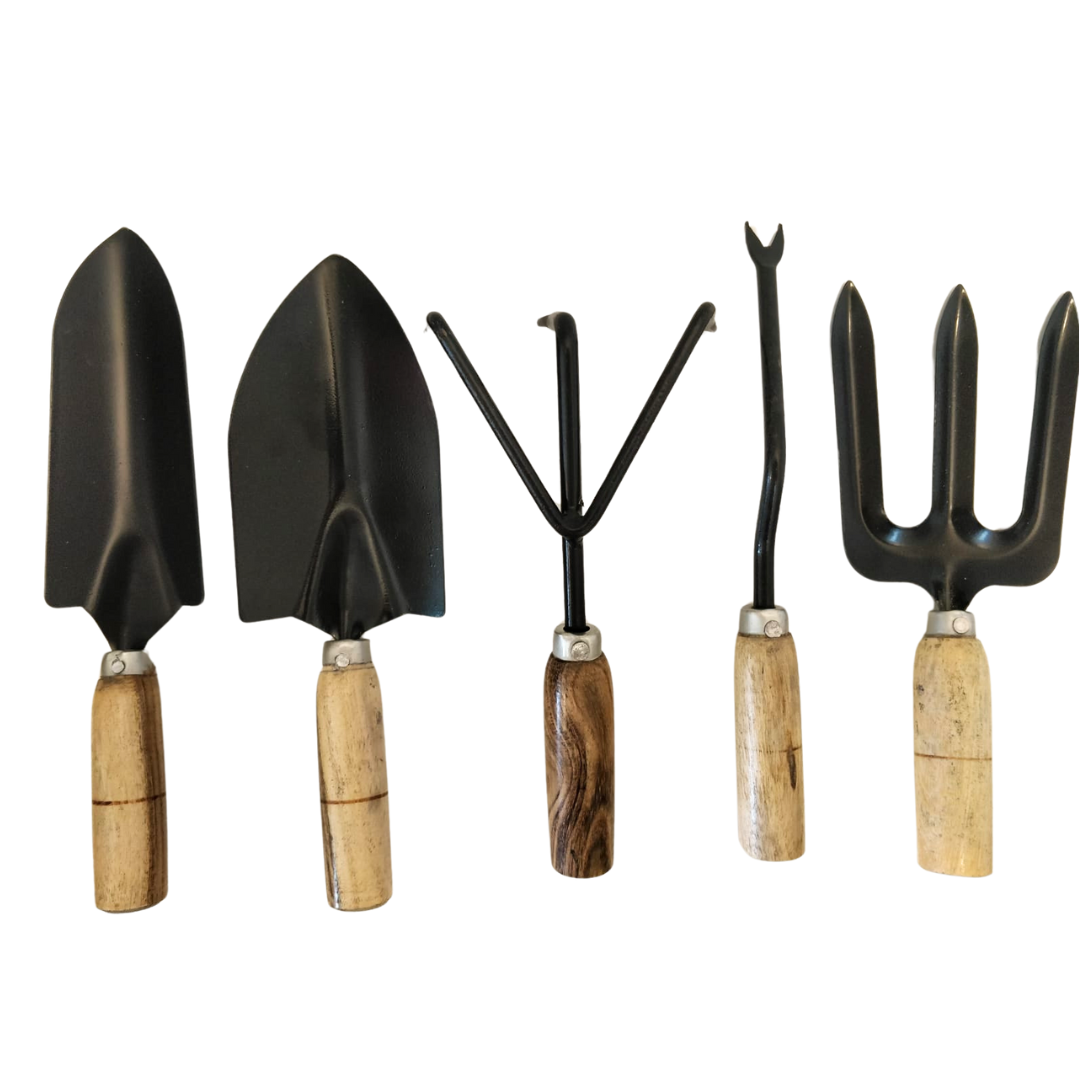 Gardening hand tools with wooden handles