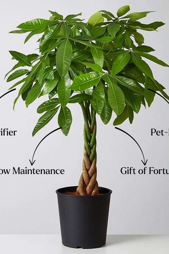 Potted plant with text labels on its benefits