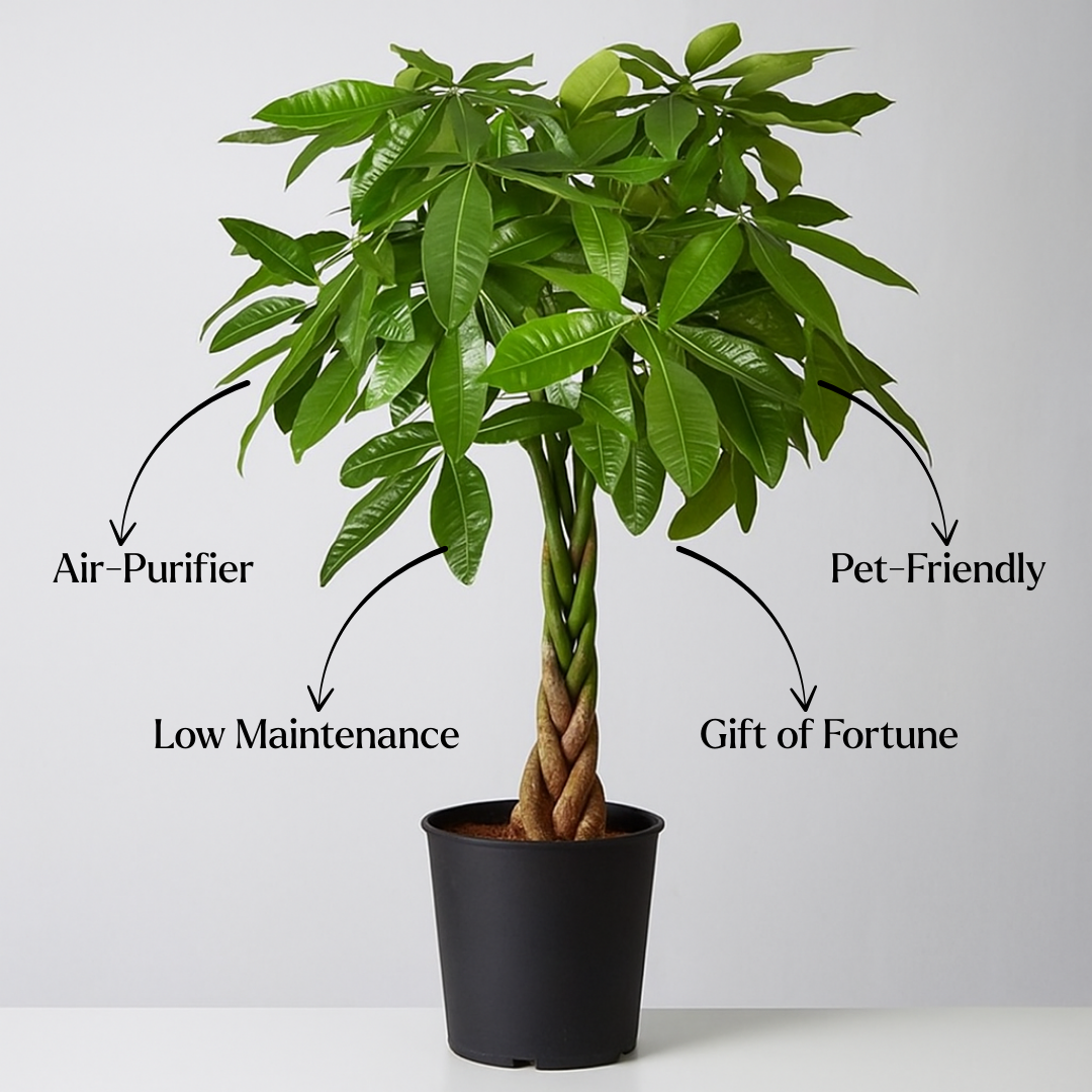 Potted plant with text labels on its benefits