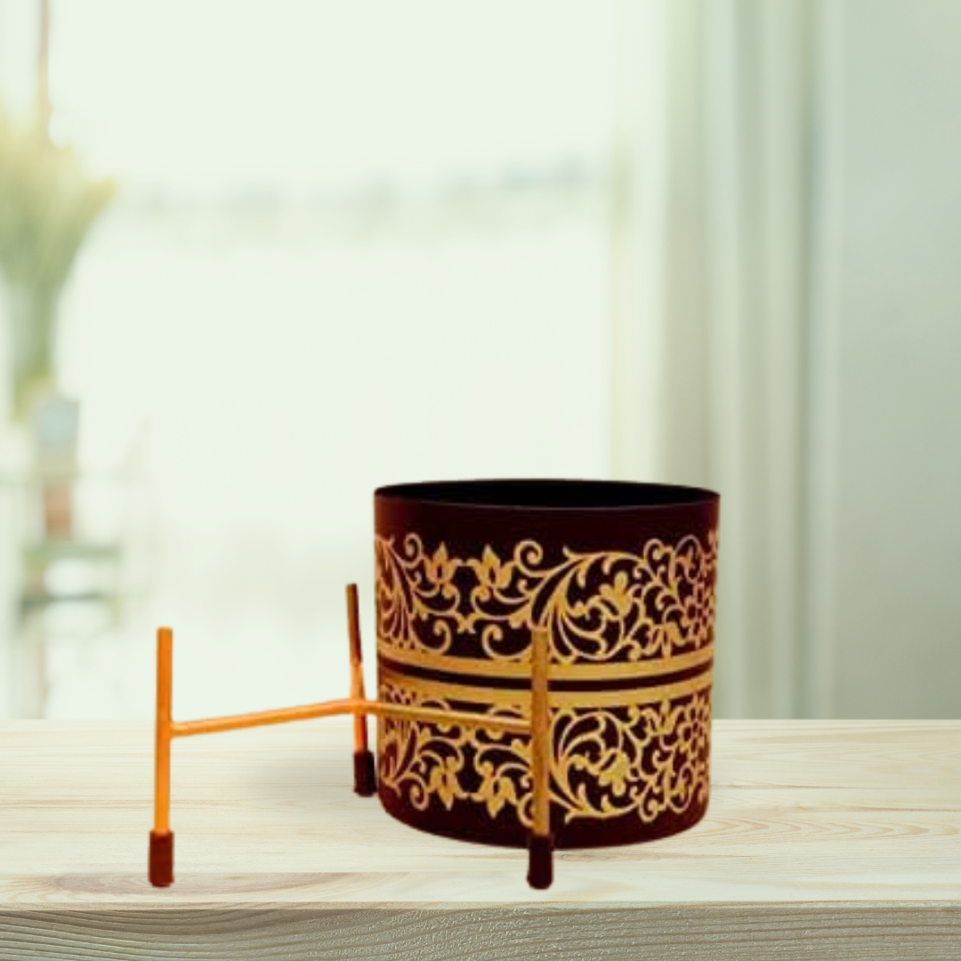 Black With Golden Motif Pot With Stand - Gardengram 
