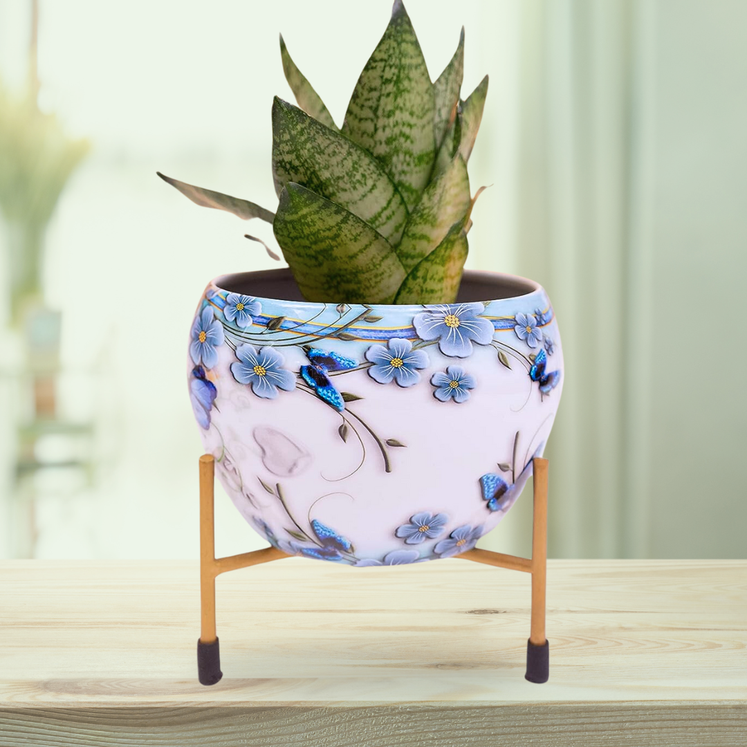 Blue floral metal pot for indoor plants
