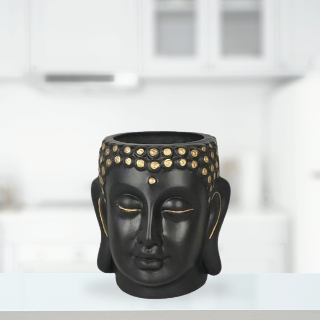 Buddha ceramic pot in black & gold