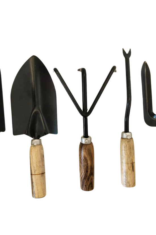 Gardening hand tools with wooden handles
