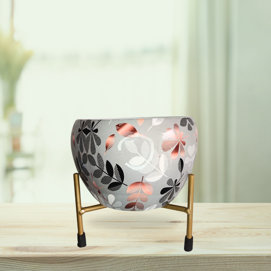 Grey floral ceramic planter