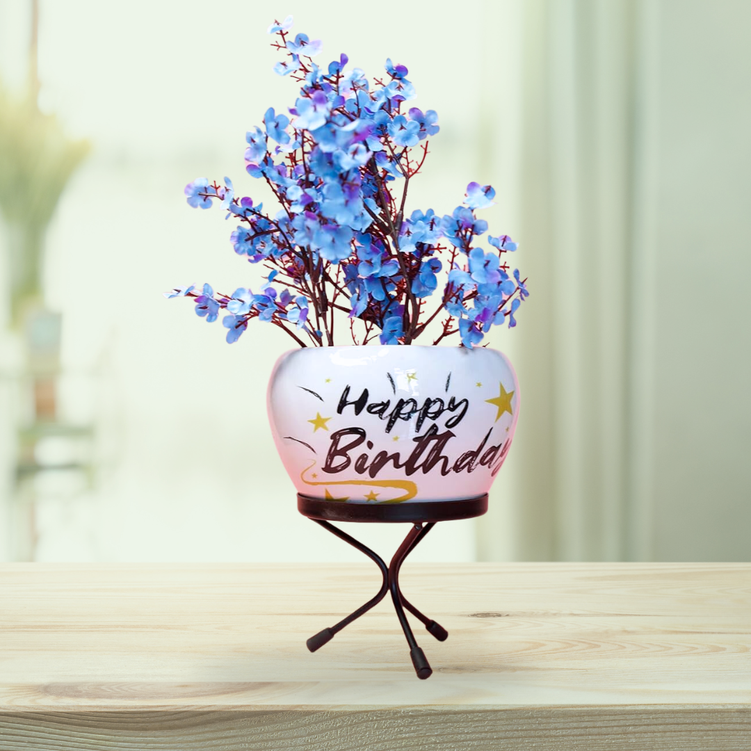 Happy birthday printed metal plant pot
