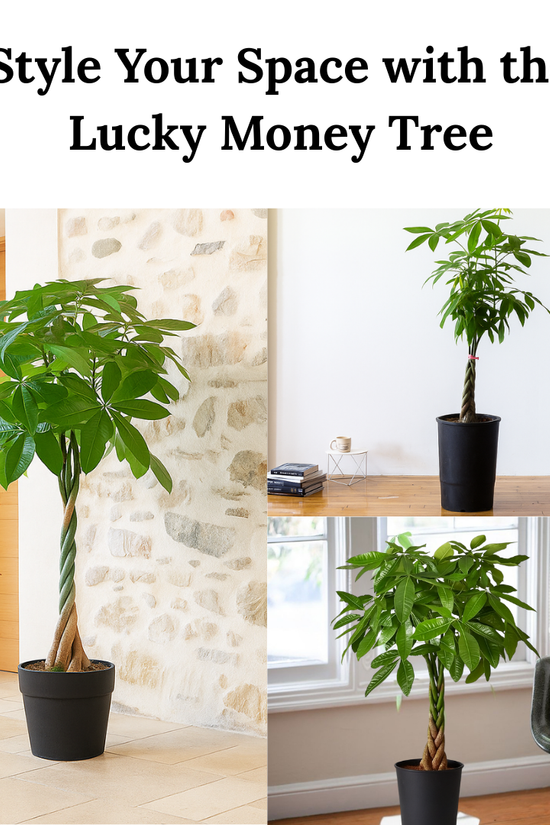 Collage of lucky money trees in different settings with text 'Style Your Space with the Lucky Money Tree'.
