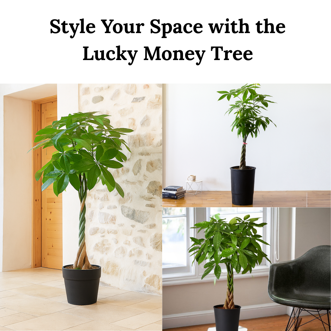 Collage of lucky money trees in different settings with text 'Style Your Space with the Lucky Money Tree'.