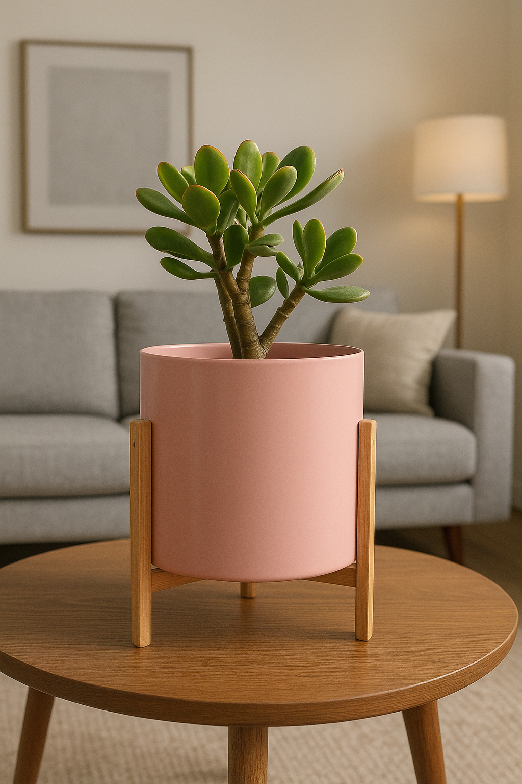 Pink planter with a green plant on a wooden table in a living room setting.