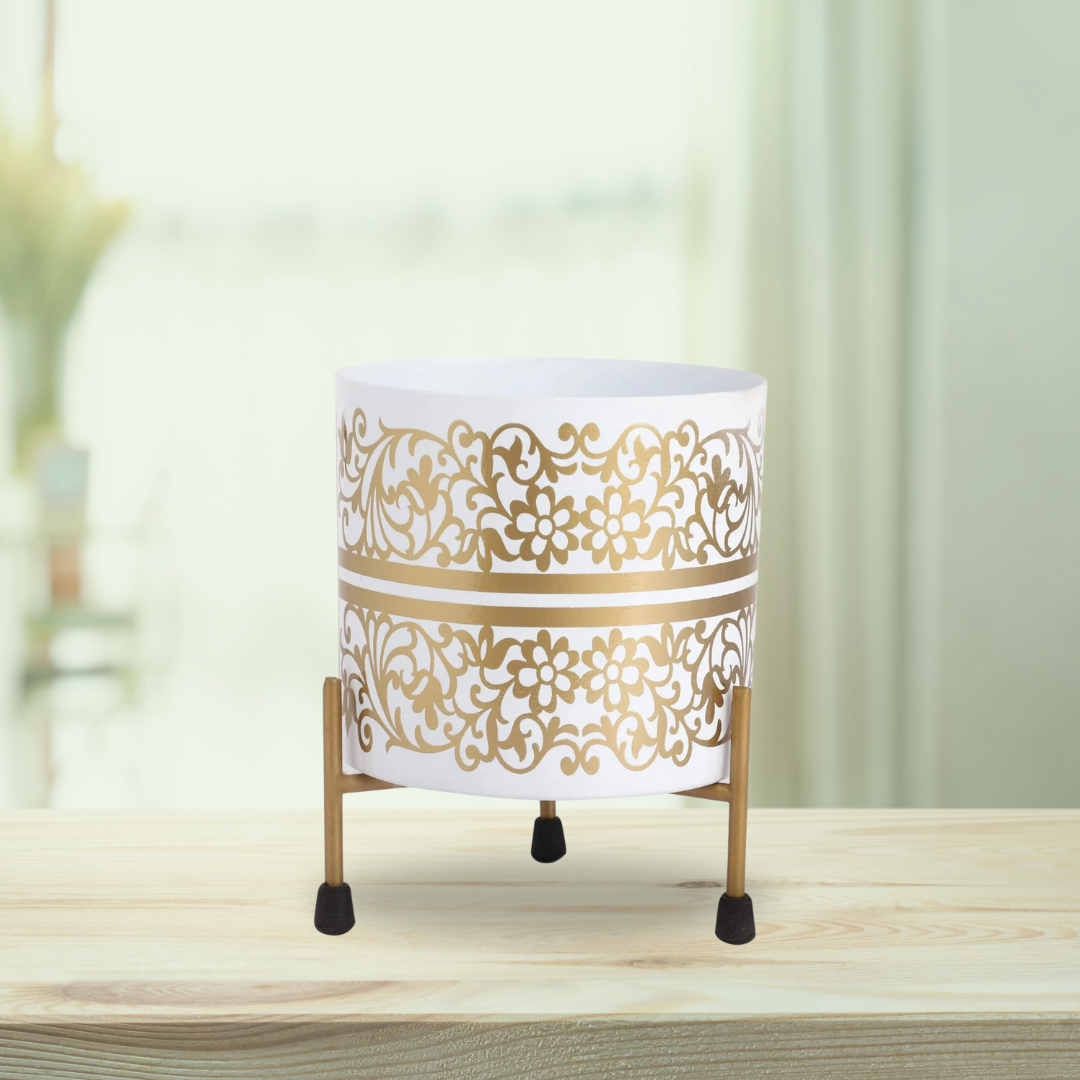 Golden motif white ceramic planter
