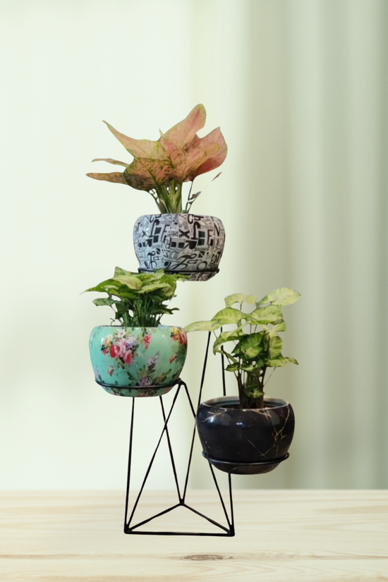 Vertical metal plant stand with pots
