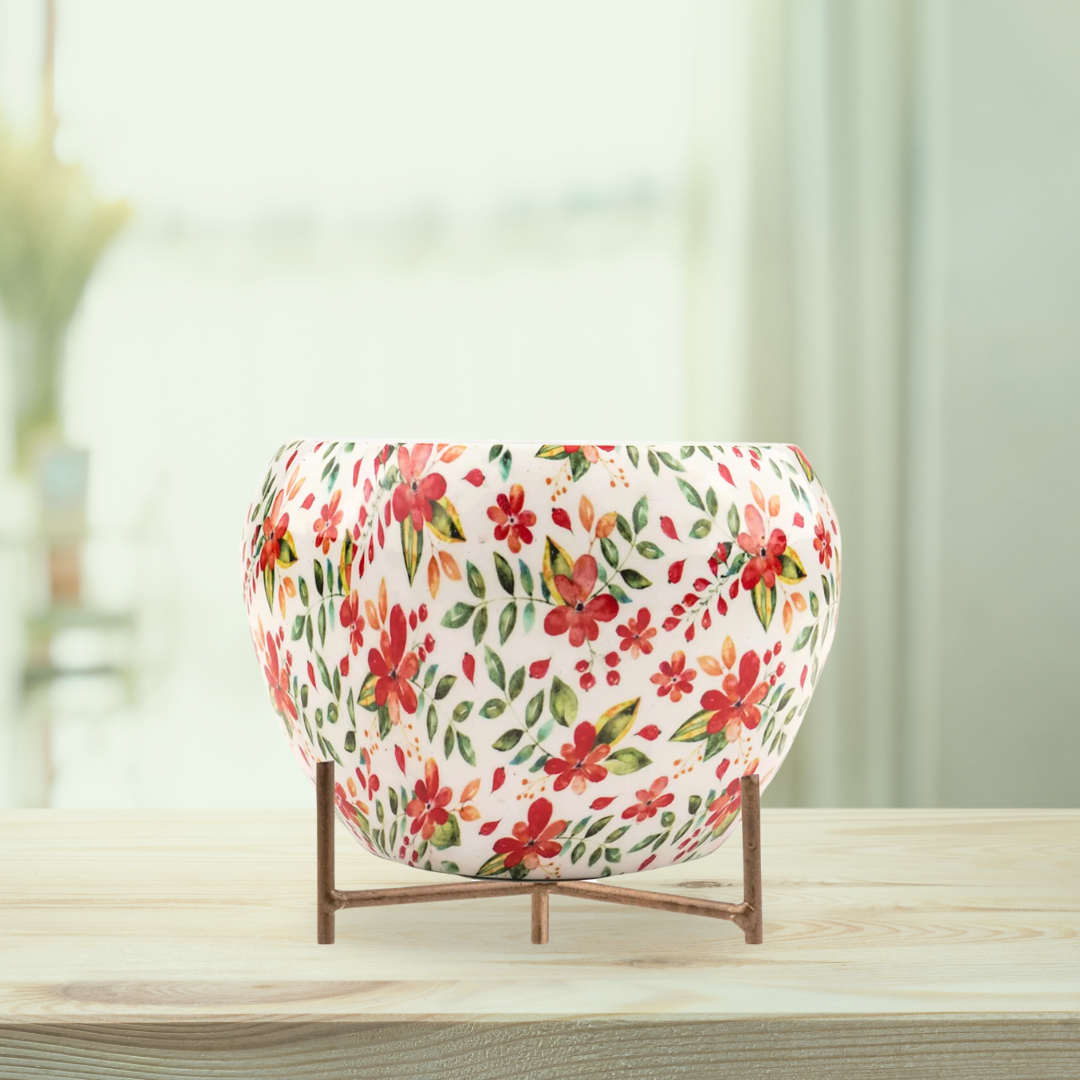 Floral print metal planter
