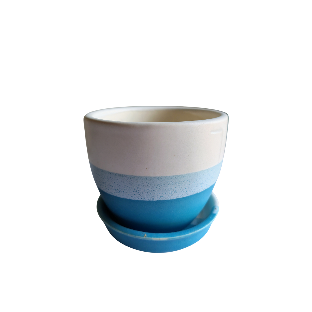 Blue gradient ceramic planter with drainage plate