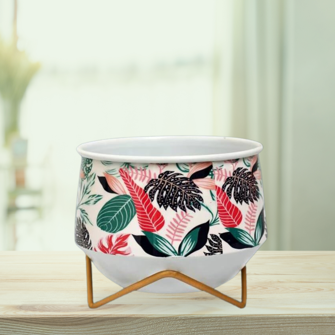 Colorful leaf printed metal planter
