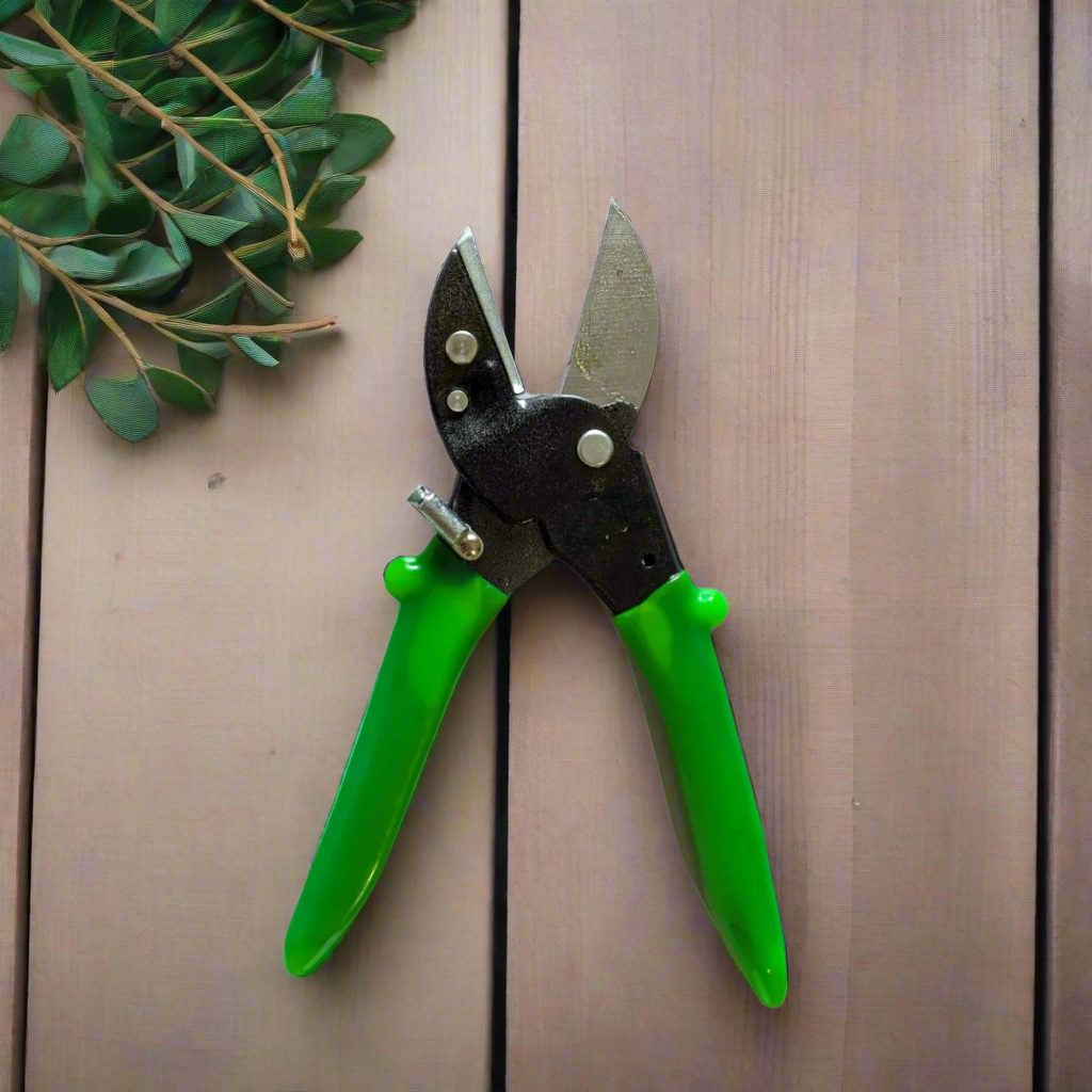 Garden pruner with green handles on a white background