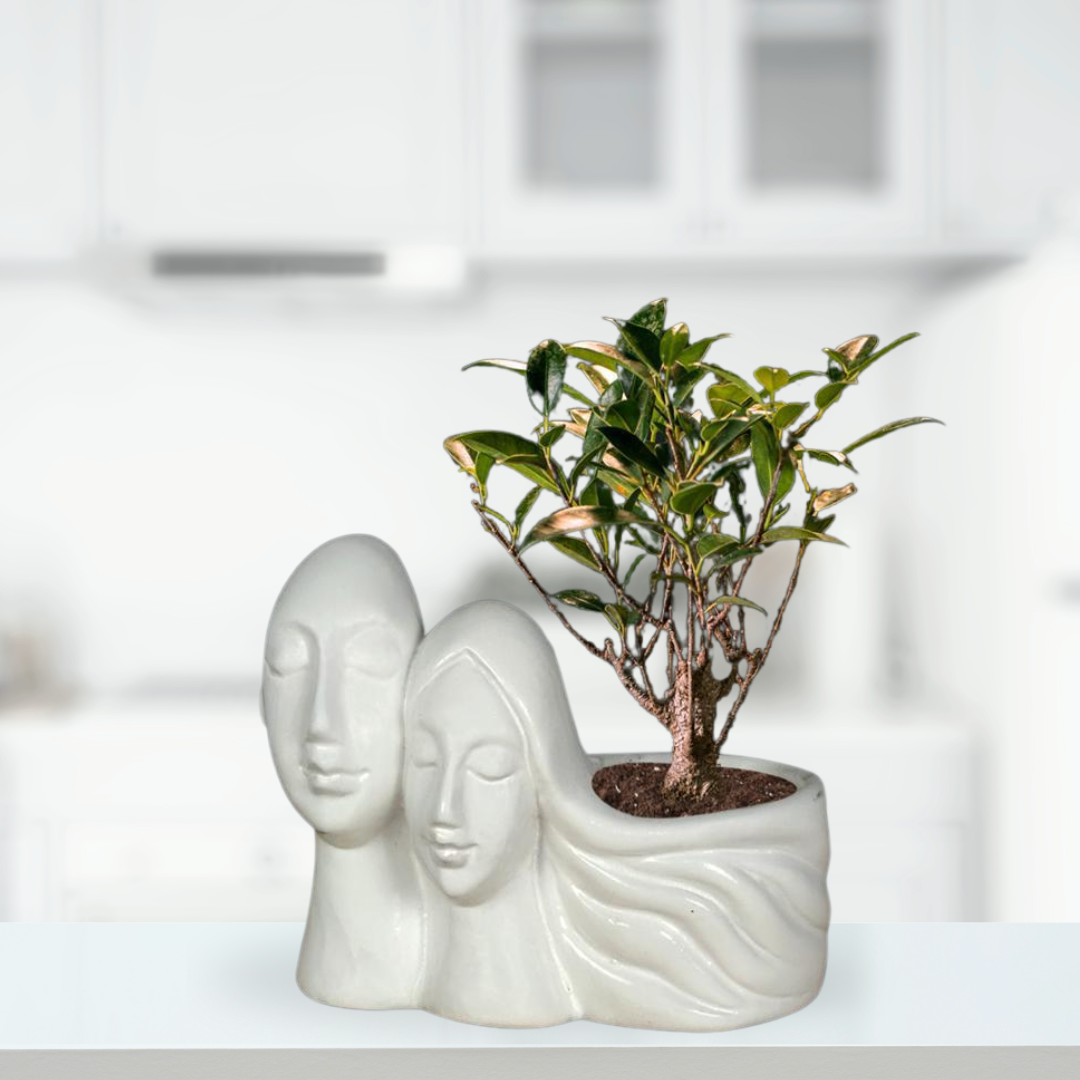 White ceramic planter with couple design
