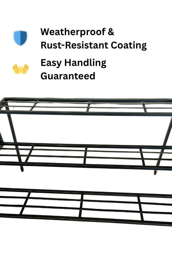 Black metal shelf with weatherproof and rust-resistant coating features on a white background