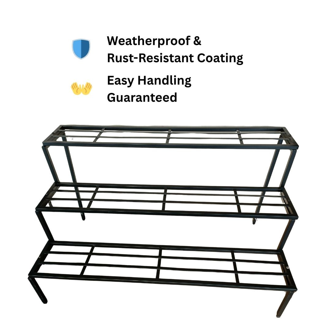 Black metal shelf with weatherproof and rust-resistant coating features on a white background