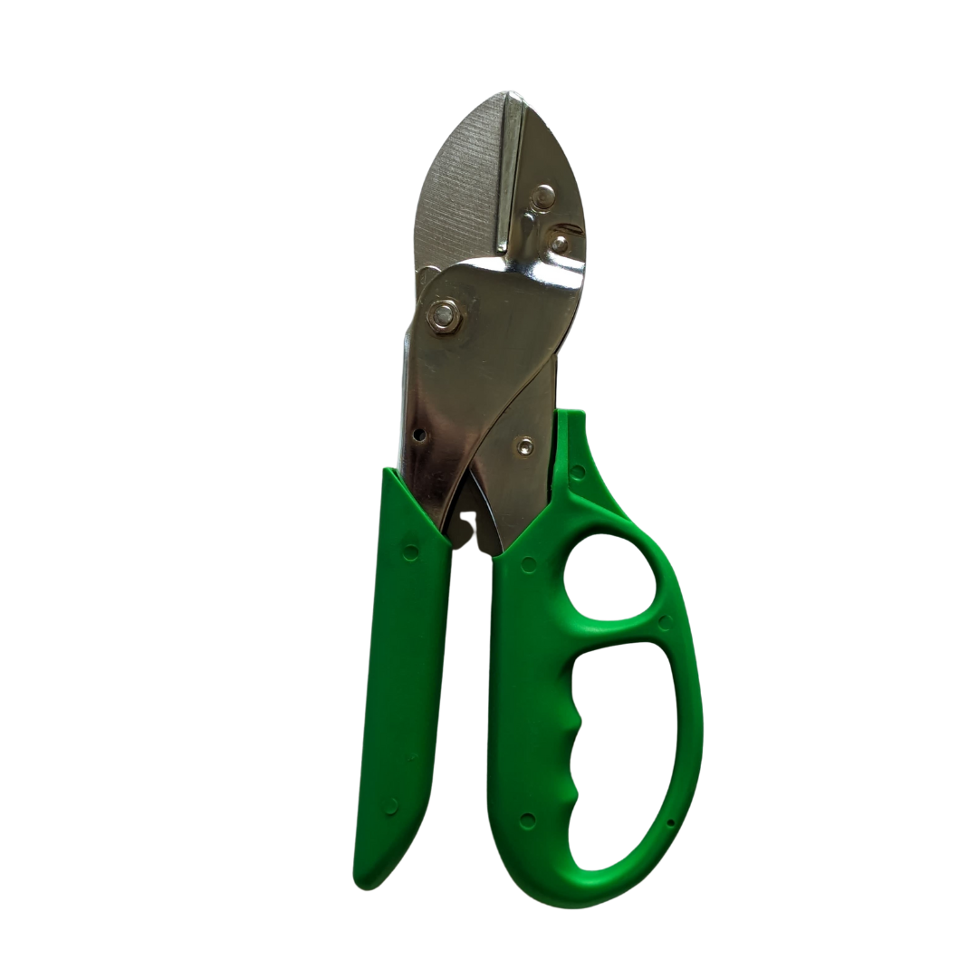 Closed pruning shears with a shiny silver blade and green handle