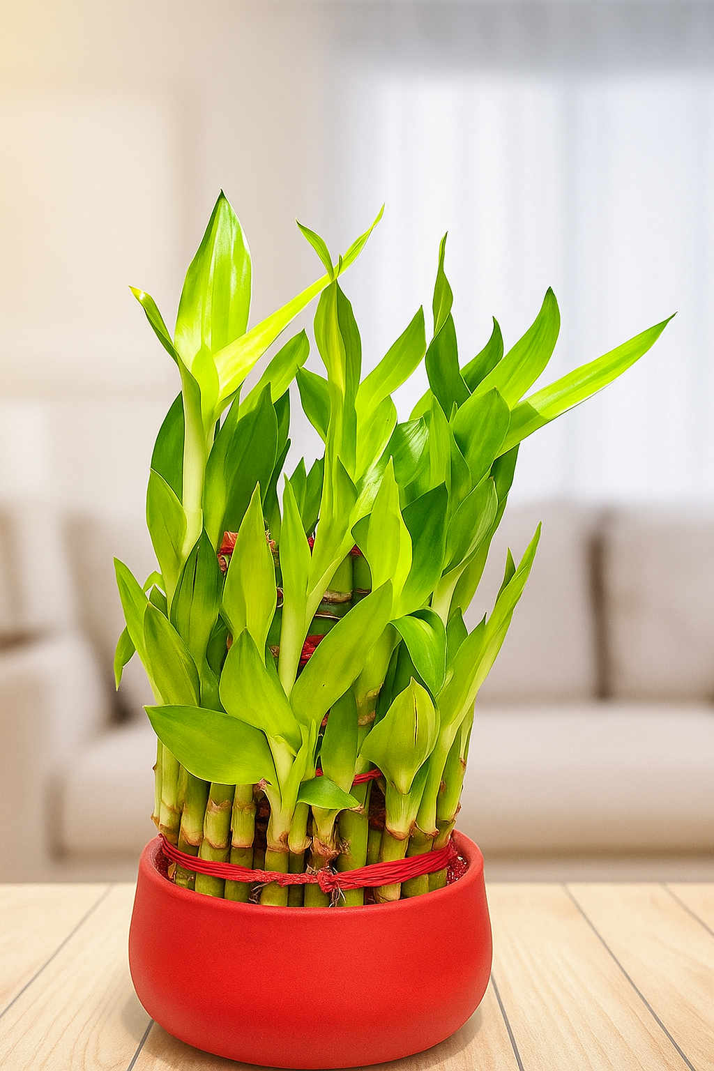 Green potted plant in a red pot on a wooden floor with a blurred background