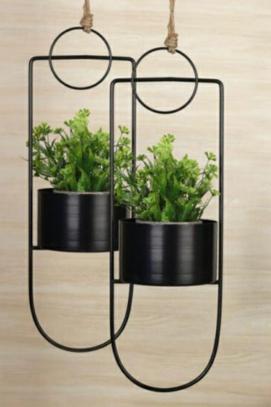 Set of 2 black metal hanging planters
