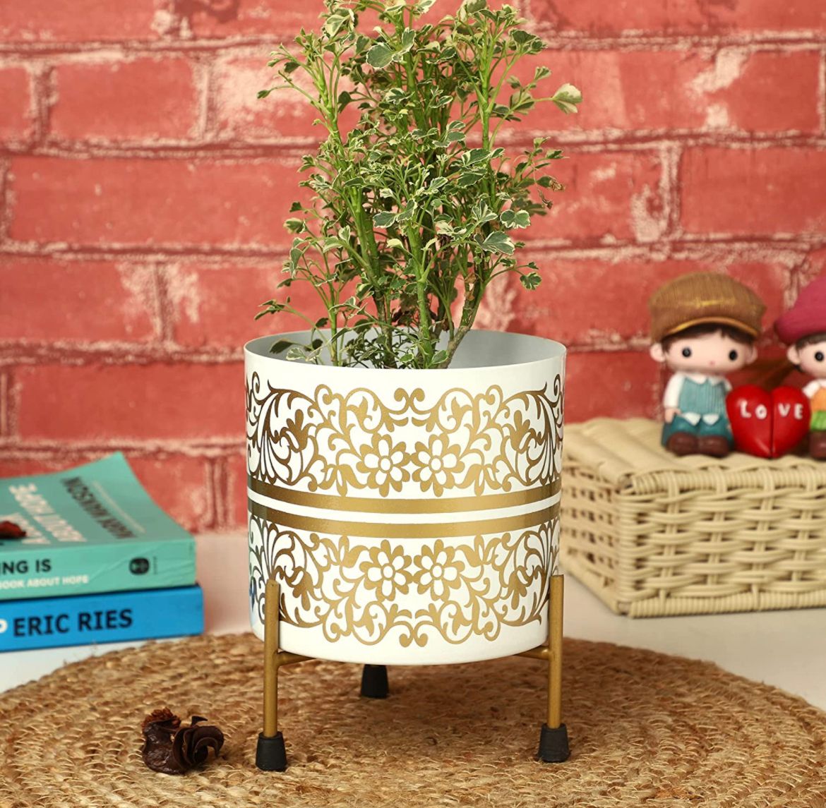 Golden motif white ceramic planter
