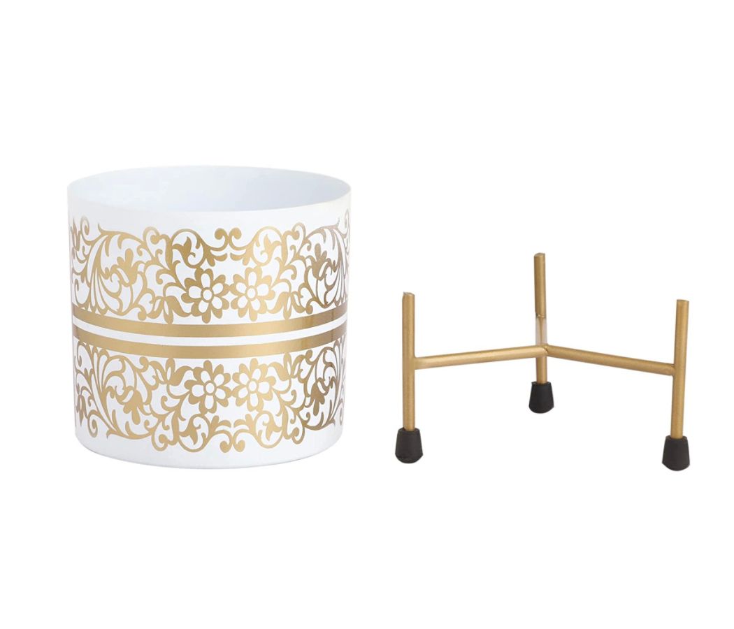 Golden motif white ceramic planter
