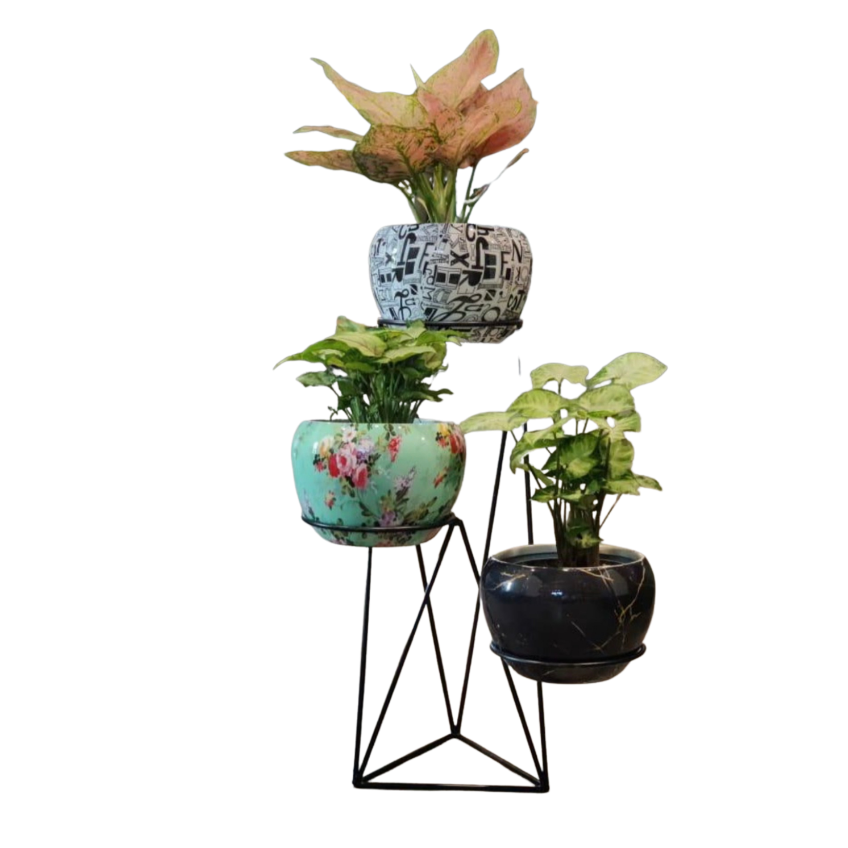 Vertical metal plant stand with pots
