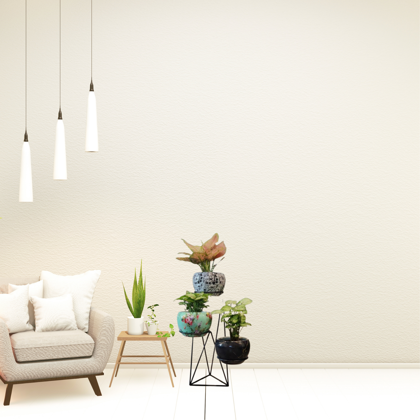 Vertical metal plant stand with pots
