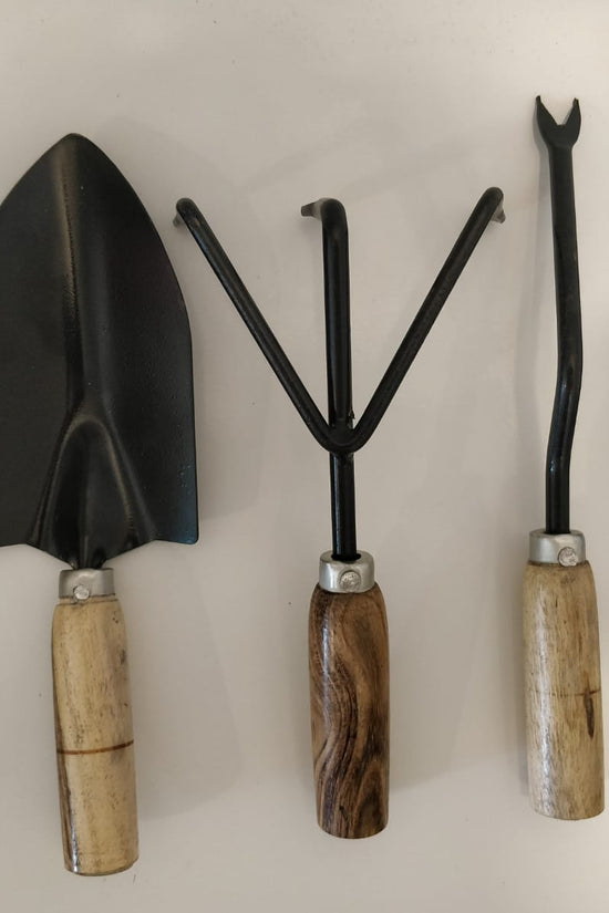 Gardening hand tools with wooden handles
